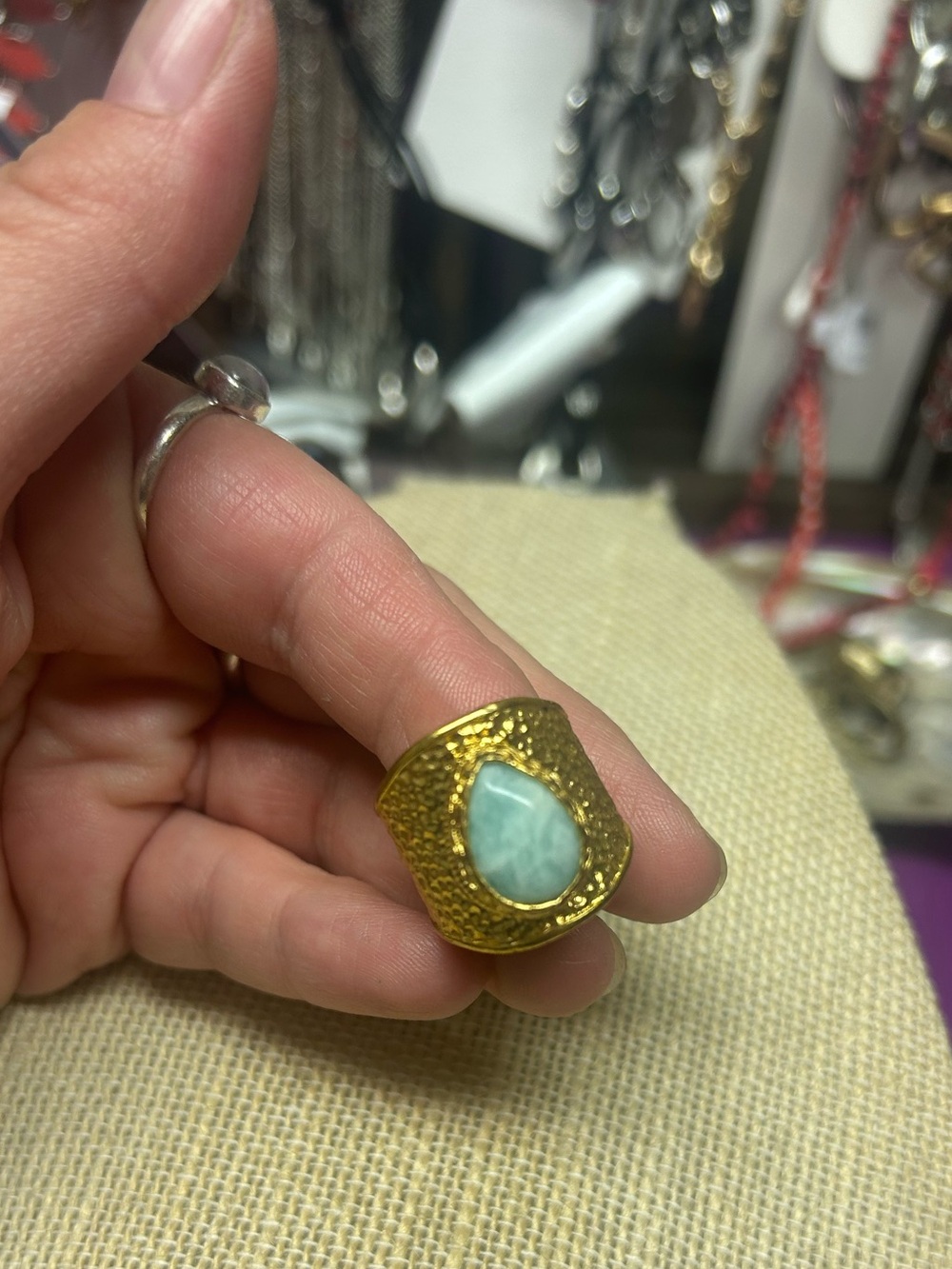 NEW Boho Larimar Hammered Brass Statement Ring with Adjustable Cuff